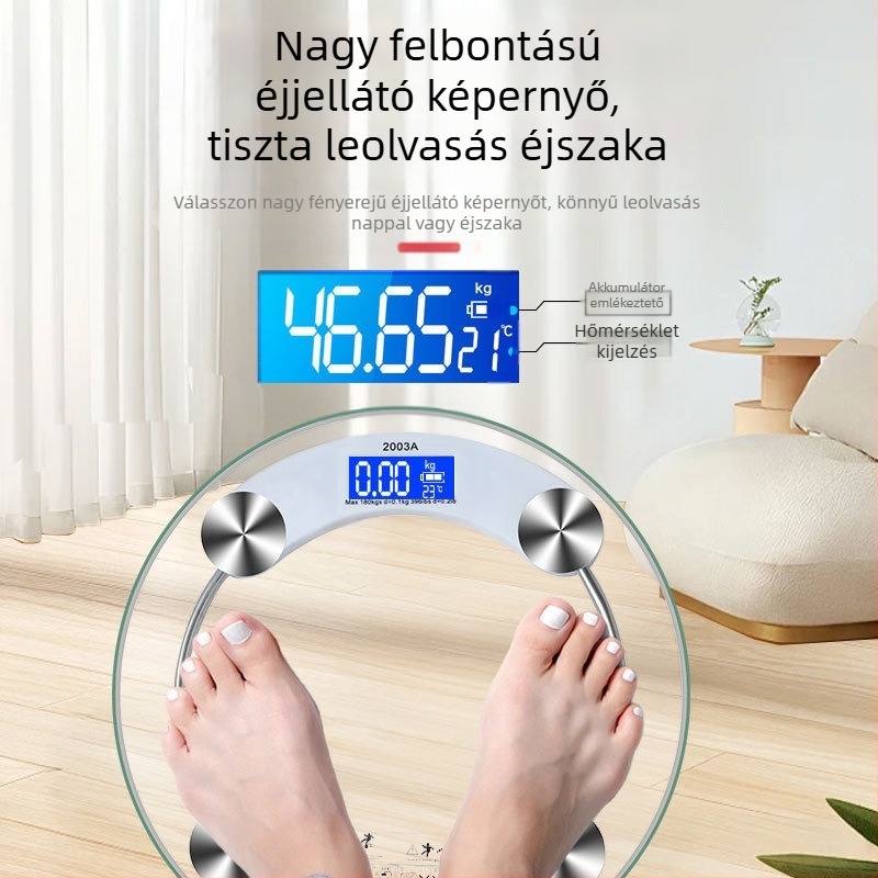 Penguin otthoni használatra készült kör alakú, átlátszó üvegből készült testsúlymérő, nagy pontosságú, intelligens töltéssel