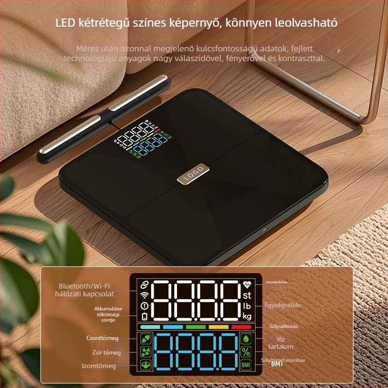 Bluetoothos testsúlymérő nyolc elektróddal, újratölthető, otthoni használatra, 0,05 kg pontossággal