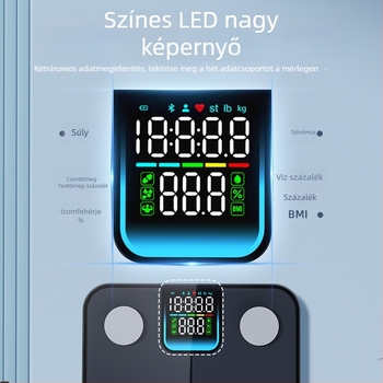 Testzsírt és vizet mérő mérleg, 4 szenzorral, Bluetooth BLE, LED kijelző, 180 kg kapacitás