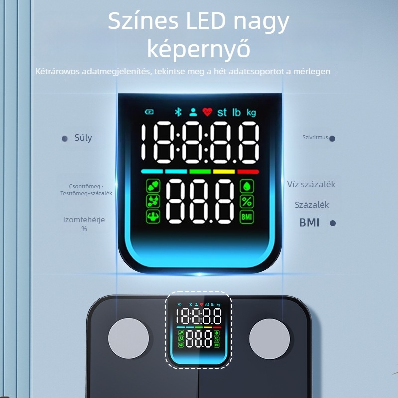 Testzsírt és vizet mérő mérleg, 4 szenzorral, Bluetooth BLE, LED kijelző, 180 kg kapacitás