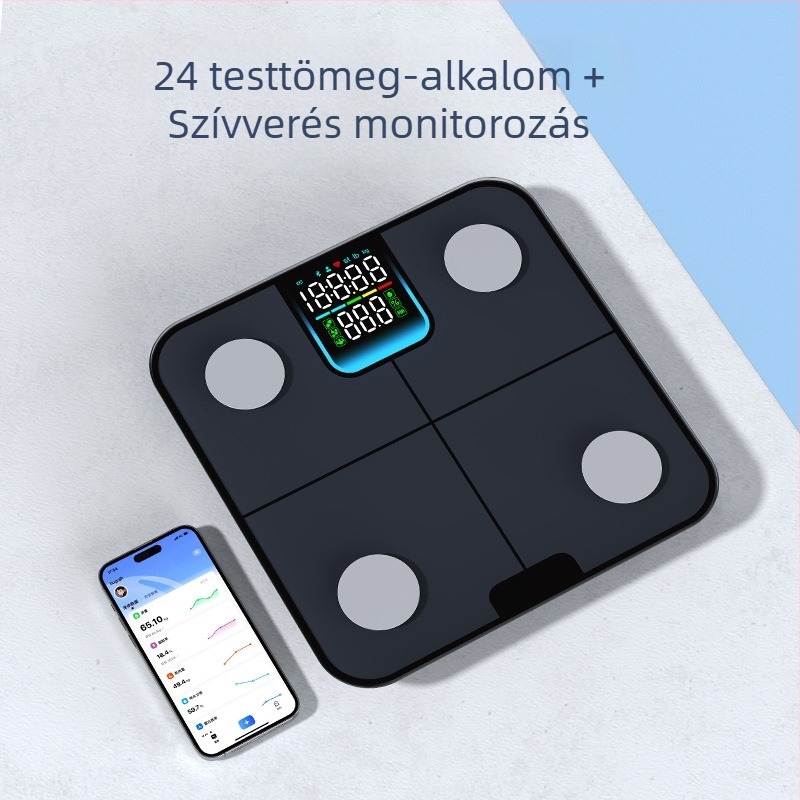 Testzsírt és vizet mérő mérleg, 4 szenzorral, Bluetooth BLE, LED kijelző, 180 kg kapacitás