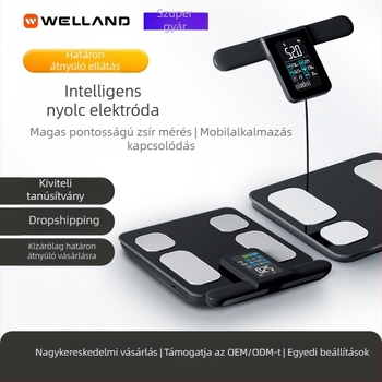 Nyolc elektródás testzsírmérő, app-támogatással, mérés zsírt és nedvességet, 5–180 kg kapacitás, 0,1 kg lépés, edzett üveg platform