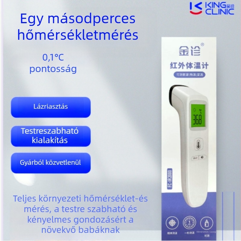 IR200 Érintésmentes infravörös hőmérő, kézben tartható, egy másodperces méréssel a homlokra, fülre, környezetre és tárgyra, pontosság ±0,2°C, két AAA elemről működik, 35 pontos memória