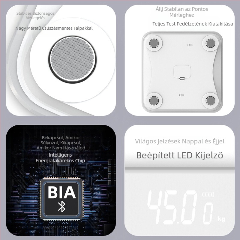 Bluetoothos testzsírmérő mérleg, 180 kg teherbírás, méri a testsúlyt, testzsírt, kalóriákat és nedvességet, USB töltés