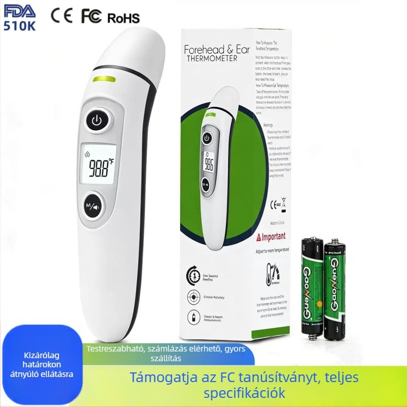 Kétüzemmódos infravörös lázmérő homlok és fül számára, Bluetooth-kapcsolat, LCD-kijelző, 1 másodperces mérés, lázriasztás és mérési előzmények