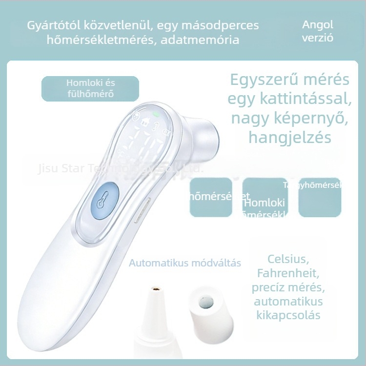 2-in-1 érintésmentes infravörös hőmérő AD812 — fej és fül mérés, gyors <1 s, pontosság ±0.1°C, üzemmód fülre és homlokra, történeti adatok tárolása