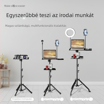 Notebook állvány állítható magassággal, asztali polccal és forgó tálcával, trípódbázissal