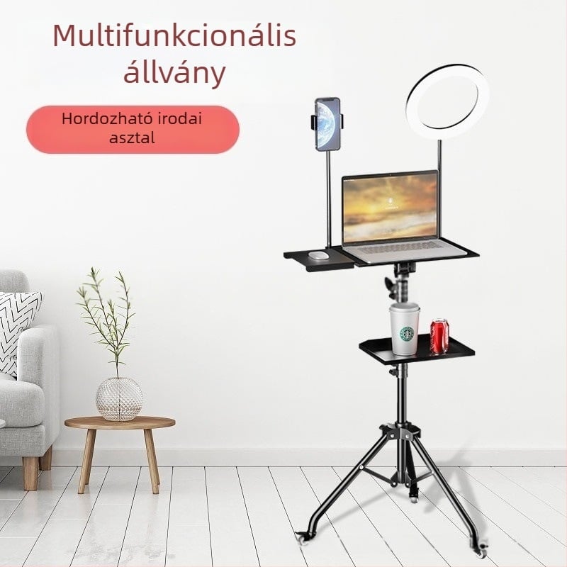 Notebook állvány állítható magassággal, asztali polccal és forgó tálcával, trípódbázissal