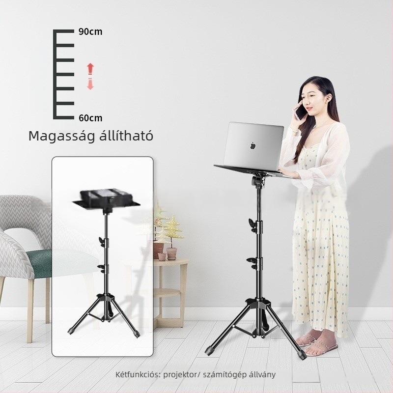 Notebook állvány állítható magassággal, asztali polccal és forgó tálcával, trípódbázissal