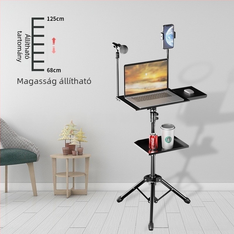 Notebook állvány állítható magassággal, asztali polccal és forgó tálcával, trípódbázissal