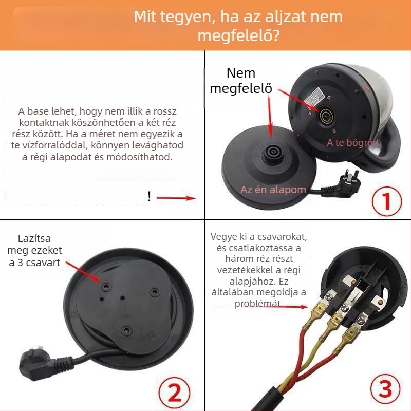 Elektromos kanna alap és kiegészítői — levehető felépítés; kábeles alap; univerzális kompatibilitás a nagy márkákkal