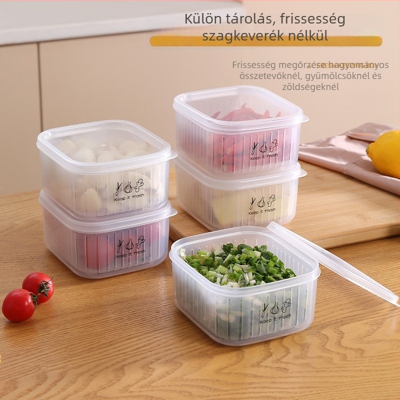 Háztartási konyhai leeresztő tároló fedővel, négyszögletes forma, PP+PE anyag, 300 ml kapacitás, mikrohullámú kompatibilis