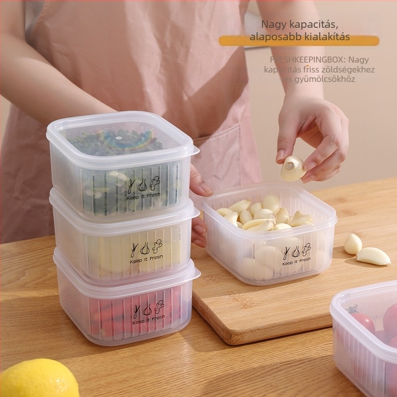 Háztartási konyhai leeresztő tároló fedővel, négyszögletes forma, PP+PE anyag, 300 ml kapacitás, mikrohullámú kompatibilis