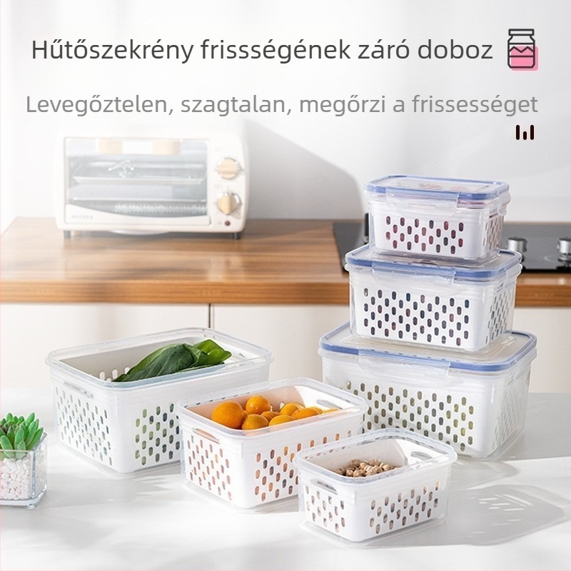 Hűtőszekrény tároló doboz – téglalap alakú, műanyag, megőrzi a frissességet, lezár, lefolyónyílás