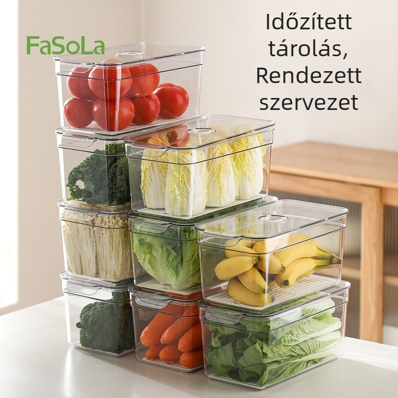 FaSoLa Hűtőszekrényhez való tároló doboz fedővel – Konyhai rendszerező a frissesség megőrzéséért, PET anyag, többfunkciós élelmiszertároló