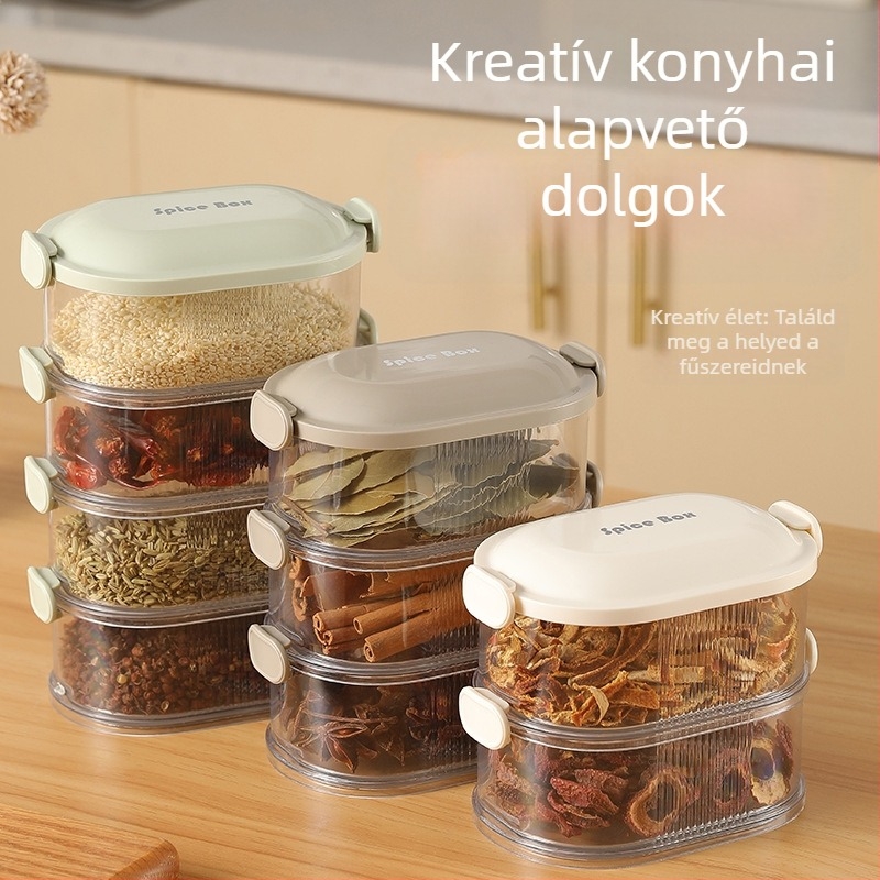 Fűszer tároló doboz, négyszögletes, légmentesen záródó, 501–800 ml, élelmiszer-minőségű műanyag, könnyű luxus stílus