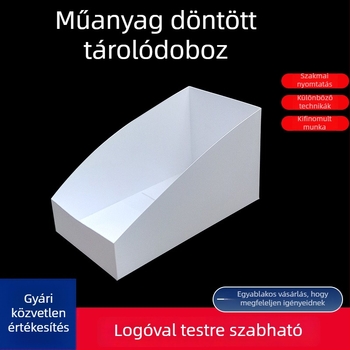 Átlátszó műanyag display doboz nassolnivalókhoz, skos nyílással, nyitott tetővel, logó nyomtatva