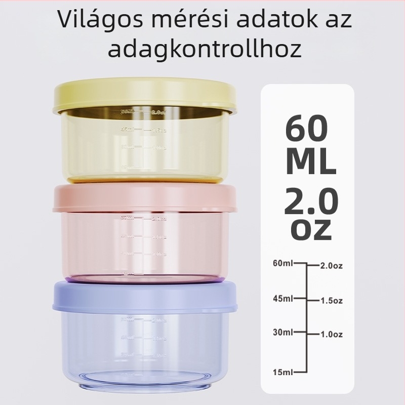 Baba mini élelmiszer-tároló doboz fedővel, élelmiszer-minőségű, mikrohullámú sütőben melegíthető; Anyag: PP • Kapacitás <300 ml • Forma: kör • Átlátszó dizájn