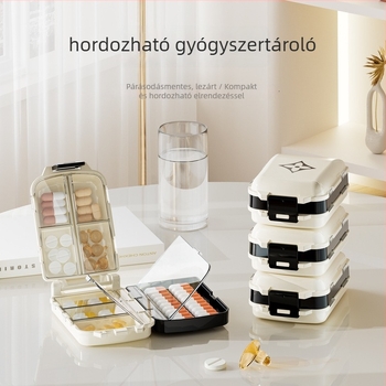 Gyógyszeres doboz J-801, PP anyagú, összecsukható, fedéllel, rekeszekkel, zárható, 1 L kapacitás