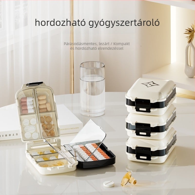Gyógyszeres doboz J-801, PP anyagú, összecsukható, fedéllel, rekeszekkel, zárható, 1 L kapacitás
