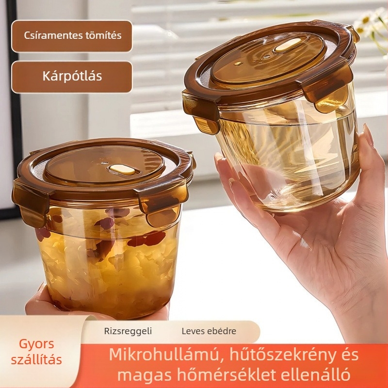 Üvegből készült ebédes doboz fedővel, kerek alak, mikrózható, szigetelt, kapacitás legfeljebb 300 ml