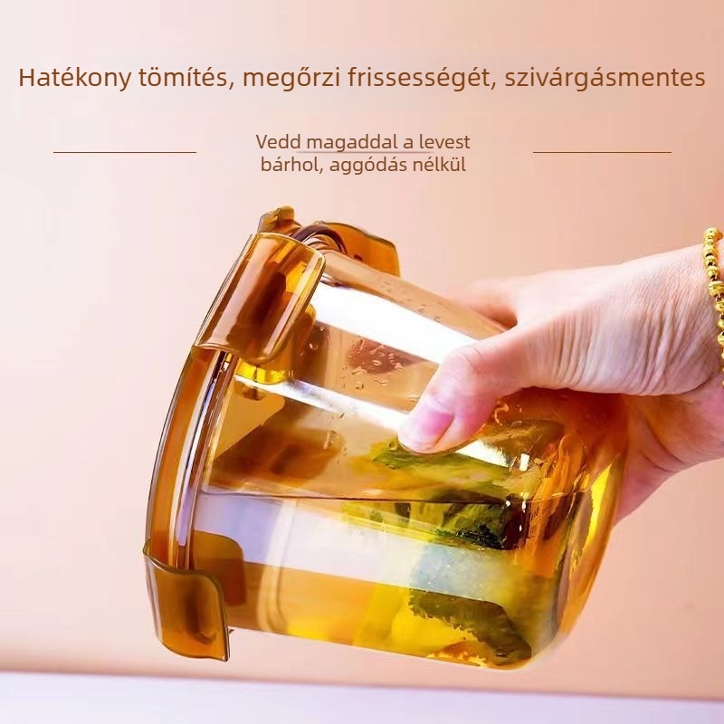 Üvegből készült ebédes doboz fedővel, kerek alak, mikrózható, szigetelt, kapacitás legfeljebb 300 ml