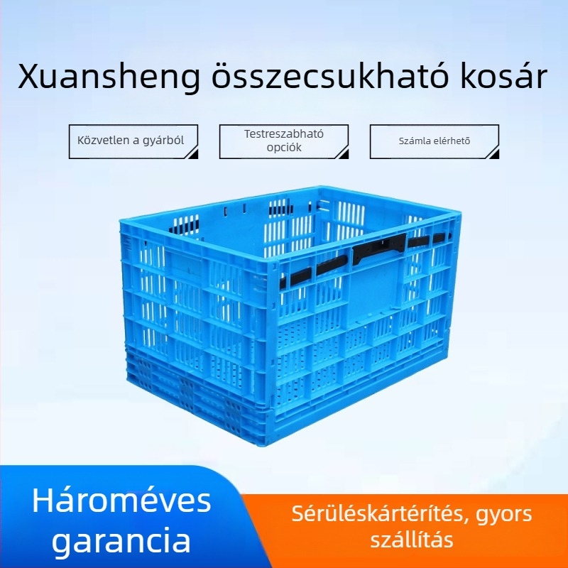 PE anyagból készült összecsukható műanyag kosár, megerősített falvastagságú, injekciós formálás, vízálló és korrózióálló, logónyomtatás elérhető