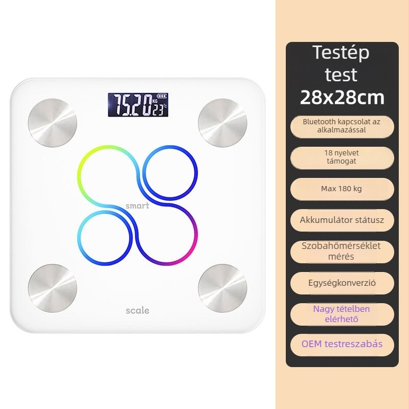 Bluetooth-képes testzsírszámláló mérleg; testsúly és testzsír mérése; maximális teher 180 kg; USB/2×AAA energiaellátás
