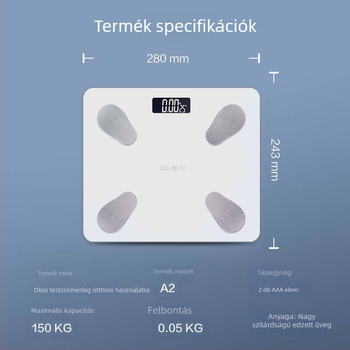 A2 intelligens testzsírmérő mérleg mobilalkalmazással – méri a testsúlyt, testzsírt, kalóriákat és a nedvességet
