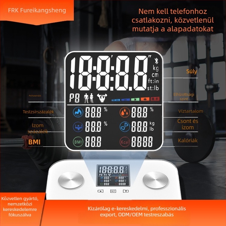 Bluetooth-kapcsolatú testzsírmérleg, adatok szinkronizálása az alkalmazással, méri a testsúlyt, testzsírt, kalóriákat és nedvességet, maximális teher 180 kg, akkumulátoros működés