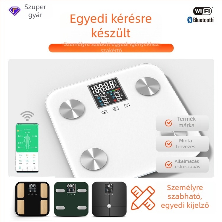 Bluetooth-kapcsolatú testzsírmérleg, adatok szinkronizálása az alkalmazással, méri a testsúlyt, testzsírt, kalóriákat és nedvességet, maximális teher 180 kg, akkumulátoros működés