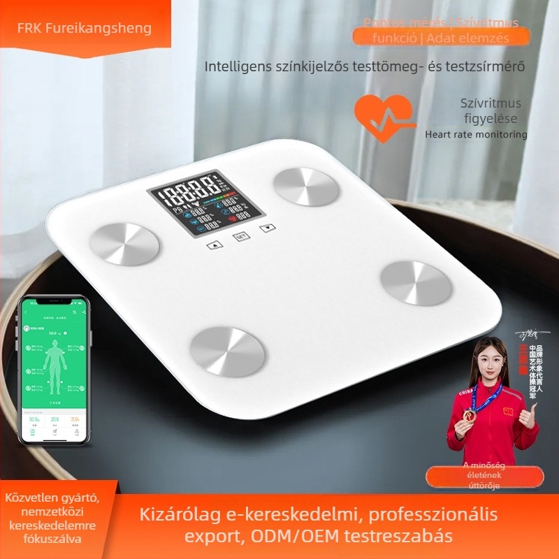 Bluetooth-kapcsolatú testzsírmérleg, adatok szinkronizálása az alkalmazással, méri a testsúlyt, testzsírt, kalóriákat és nedvességet, maximális teher 180 kg, akkumulátoros működés
