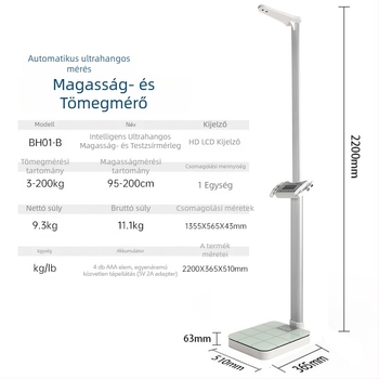 Testzsírszámláló mérleg intelligens hanggal és ultrahangos magasságméréssel; méri a testsúlyt, testzsírt, kalóriát és nedvességet; max. 200 kg; Y&p/yipin