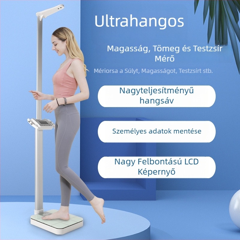 Testzsírszámláló mérleg intelligens hanggal és ultrahangos magasságméréssel; méri a testsúlyt, testzsírt, kalóriát és nedvességet; max. 200 kg; Y&p/yipin