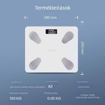 A2 okos testzsírmérő mérleg alkalmazással – 150 kg teherbírás, méri a testsúlyt, testzsírt, kalóriákat és hidratáltságot