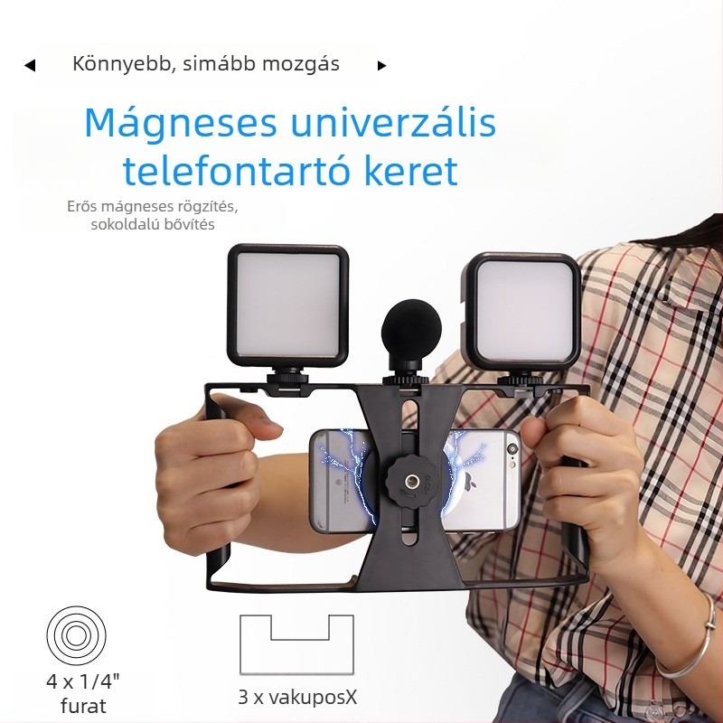 Mobiltelefonos Vlog videó-stabilizáló, rezgésmentes tripód, mikrofon és világítás készlet, élő közvetítéshez kézben tarthat keret