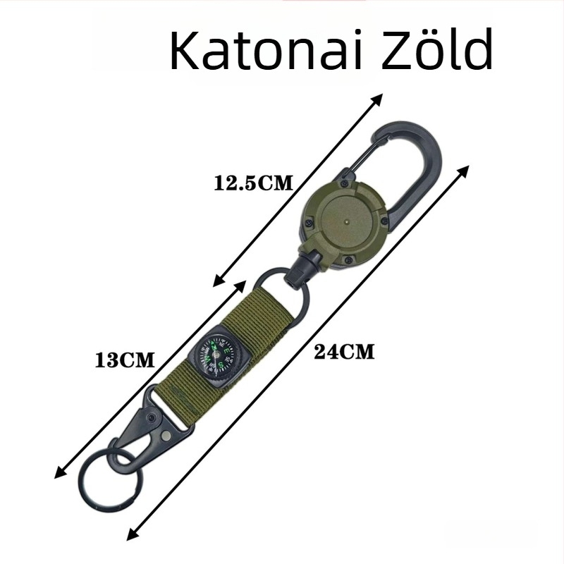 Behúzható kulcstartó karabinerrel, ABS műanyag, acélhuzalos zsinór, maximális terhelés 30 g, testre szabható, iránytűs csatt
