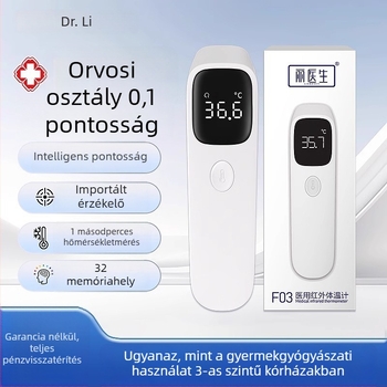 Elektronikus homlokhőmérő otthoni használatra, orvosi szintű pontossággal; Márka: Lierdoct/Dr Li; Modell: Thermometer baby body temperature gun for infants and young children; Akkumulátor: 2 AAA; Súly: 44 g; Alkalmas felnőtteknek, gyerekeknek és csecsemőkn