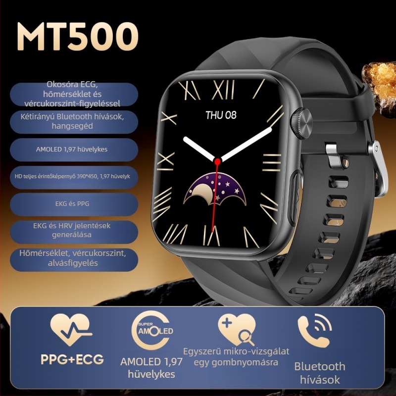 MT500 ECG okosóra AMOLED kijelzővel, offline fizetés, Bluetooth hívások, NFC
