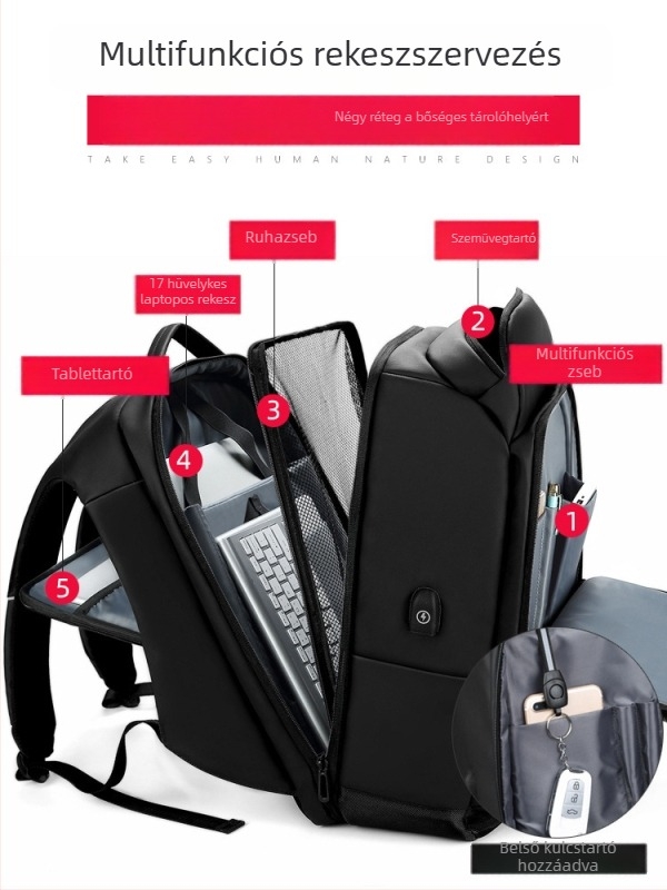 Utazó hátizsák, 20–35L kapacitás, PVC anyag, cseppálló vízállóság, 15,6 hüvelykes laptop befogadás, üzleti utazás stílus