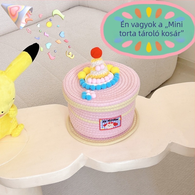 Asztalhoz való tároló doboz pamutzsinórból, aranyos torta motívummal, porvédő fedél