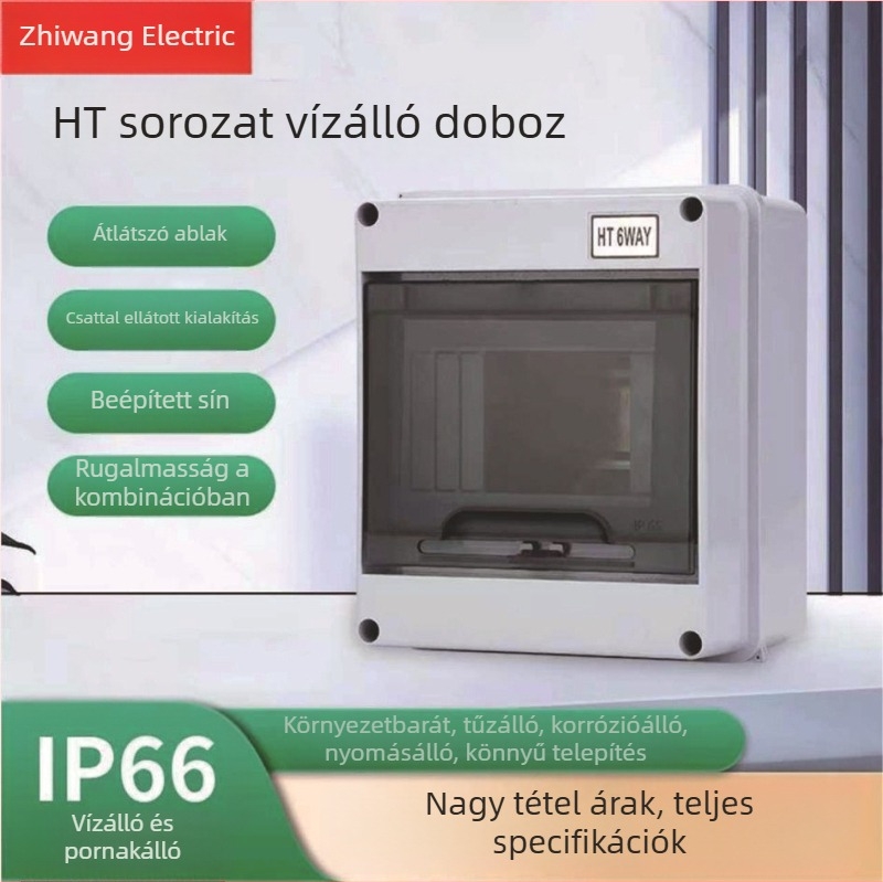HT6 sorozat beltéri osztó doboz, 6 áramkör, 4 sor, IP65 védelem, ABS ház, falra szerelés
