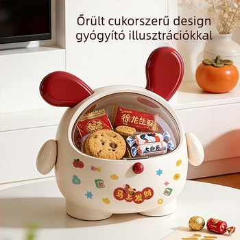 Újévi édesség- és nassolnivalók doboza, nagy kapacitású gyerekeknek szánt gyümölcstál, asztali tároló doboz fedővel, rajzfilm-stílusban