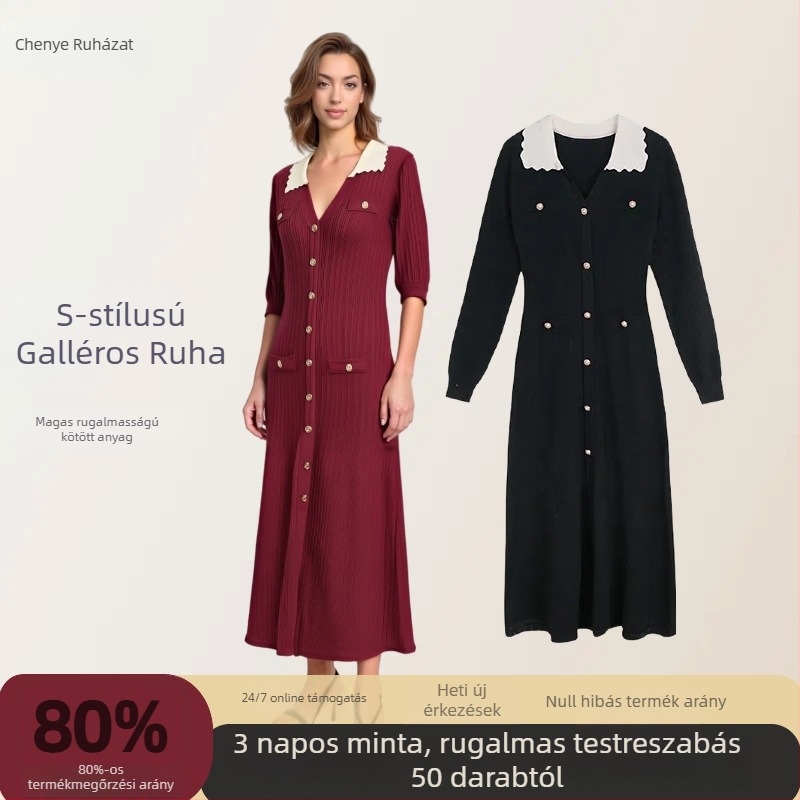 Poliészter kötött ruha galléros, rövid puff ujjú, A-vonalú, hosszú
