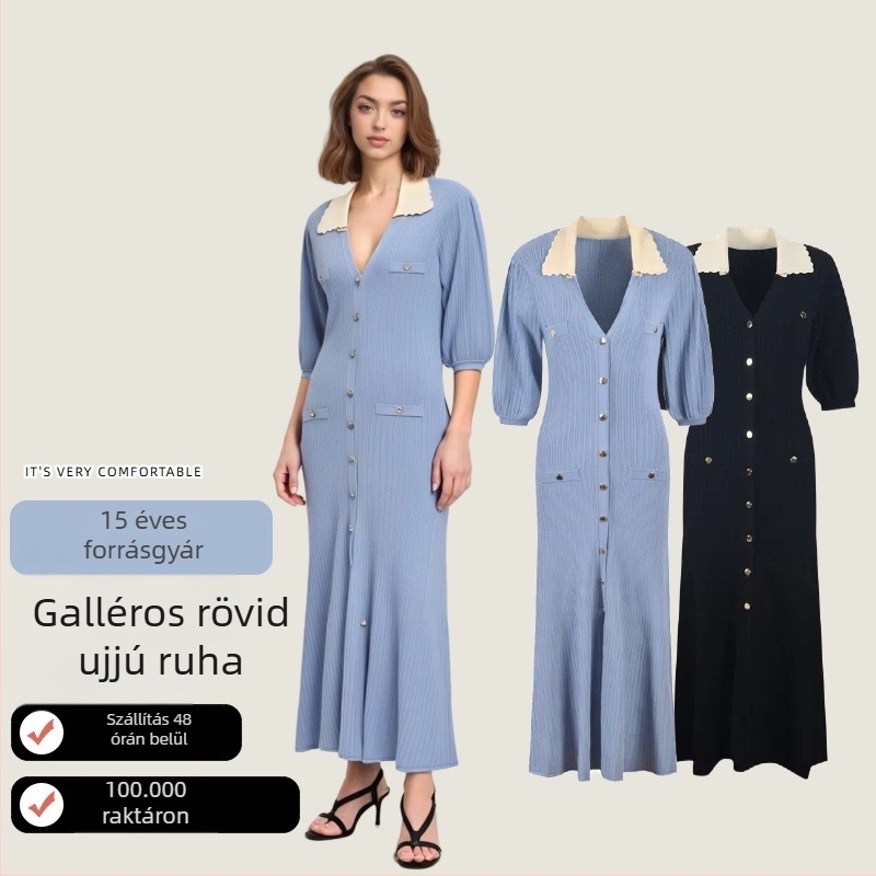 Poliészter kötött ruha galléros, rövid puff ujjú, A-vonalú, hosszú