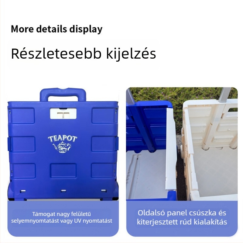 Műanyag összecsukható bevásárlókocsi állítható fogantyúval, kétkerekű, 45 kg teherbírás