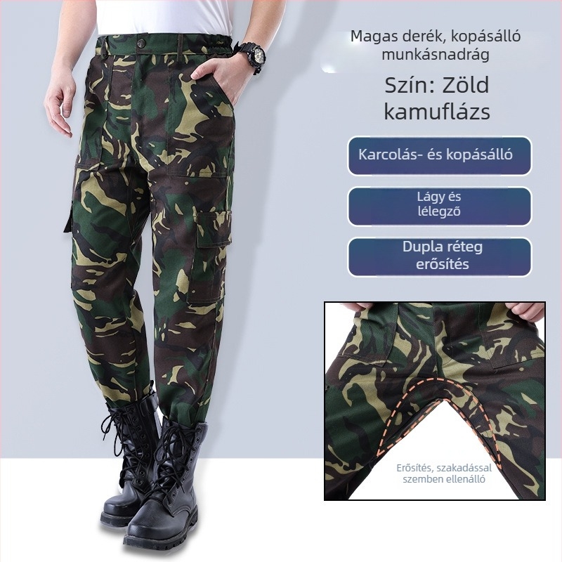 Kamuflált munkanadrág, lazán szabott, kopásálló, kültéri építkezésekhez, uniszex, felnőtteknek, tavasz–nyár–ősz