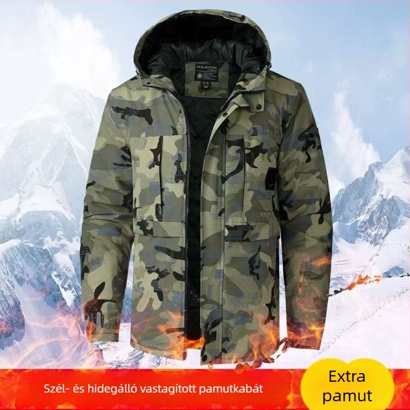 Férfi kamuflált pamutkabát fleece-béléssel, vízálló téli munkaruha