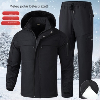 Férfi téli munkaruha készlet: vastag fleece-béléssel ellátott kabát és nadrág