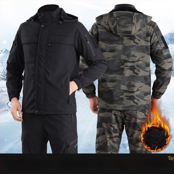 Férfi téli munkaruha készlet: vastag fleece-béléssel ellátott kabát és nadrág